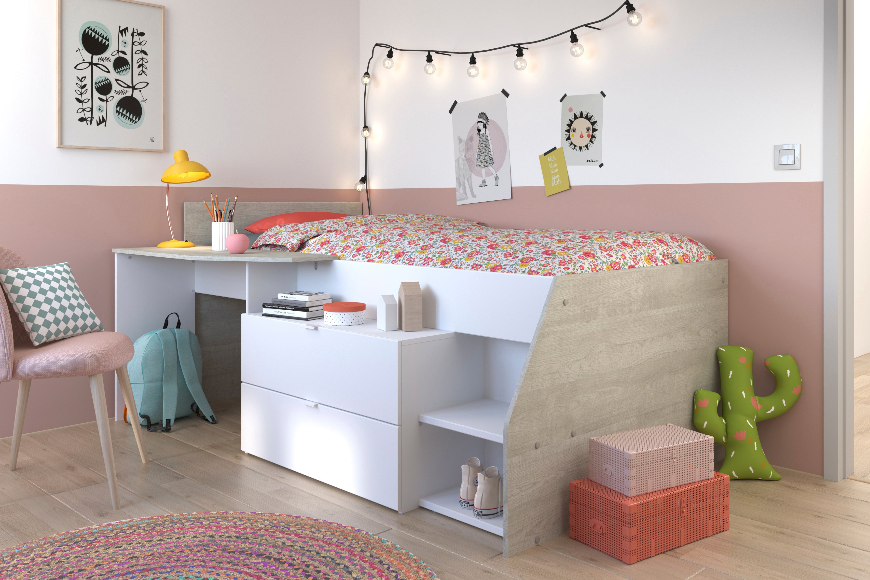 Milky Midsleeper with desk and 2 drawers