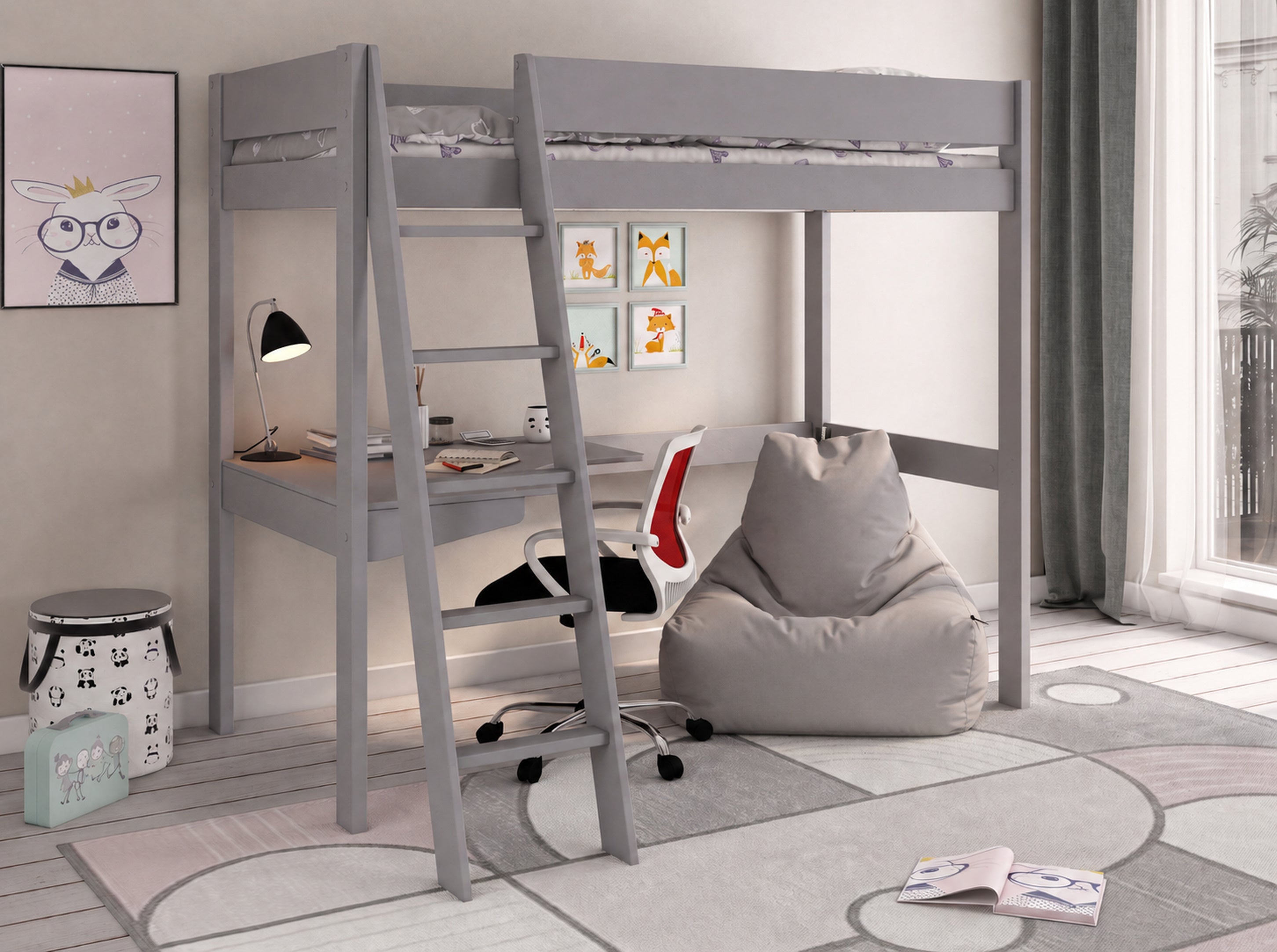 Extreme Estella High Sleeper Bed with Desk and Silver Grey Bean Bag